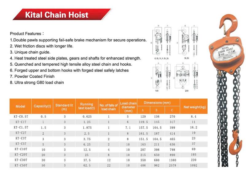 Pa lăng xích kéo tay 5 tấn 5m Kital
